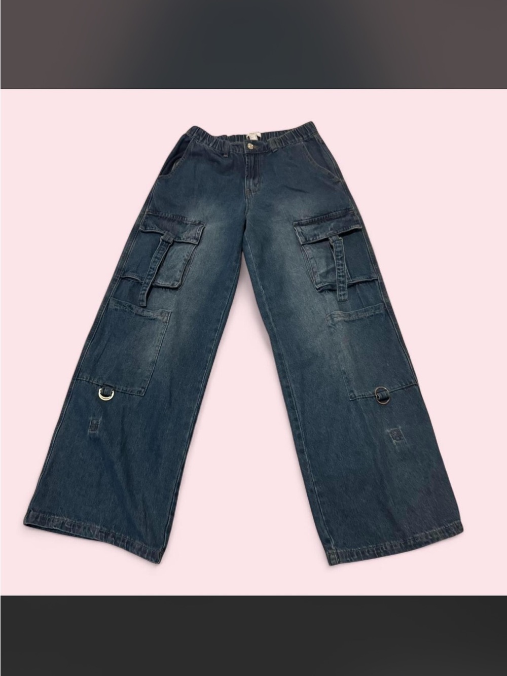 Forever 21 Dark Blue Wide-Leg Cargo Jeans with Utility Rings